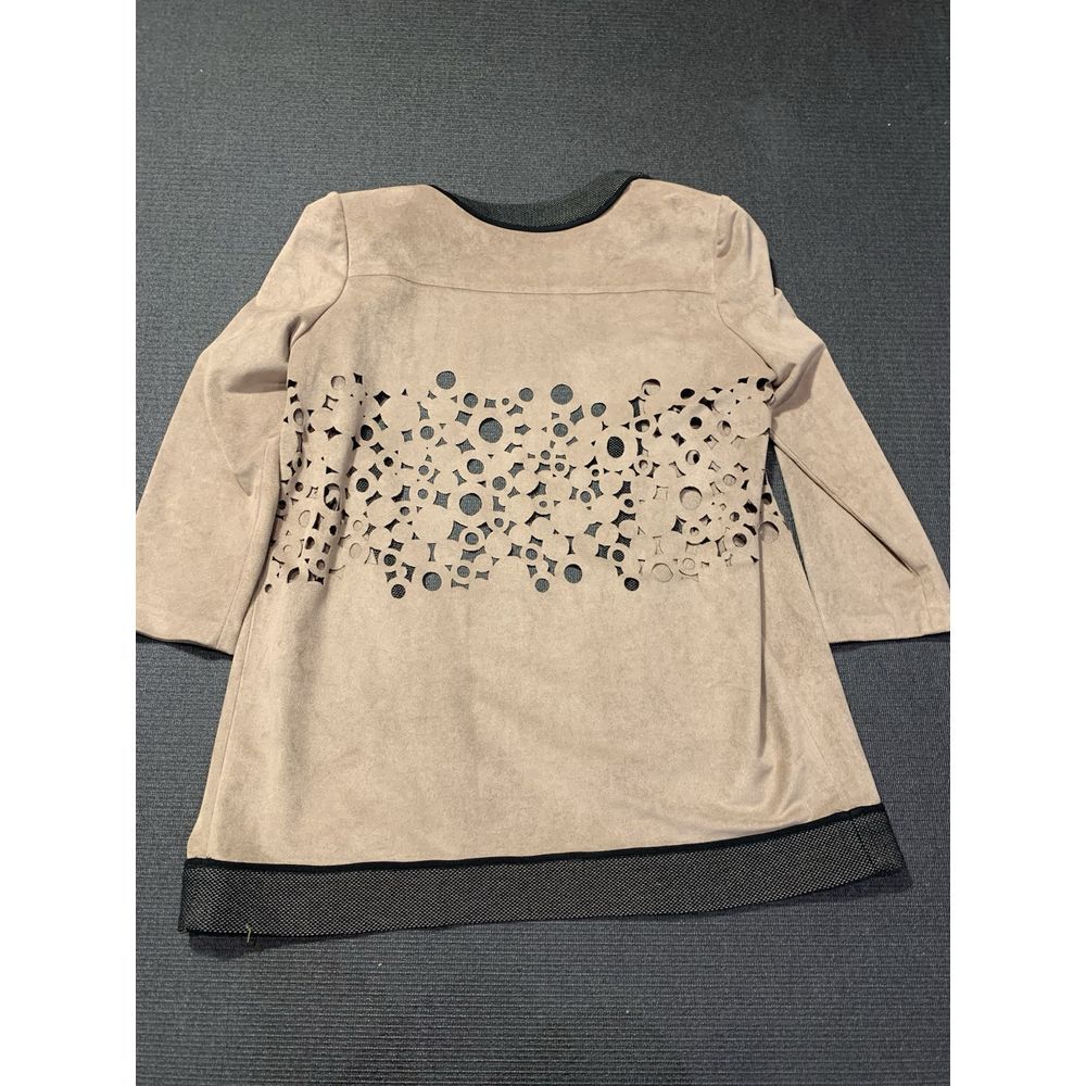 Ming Wang Size Small Heritage Laser Cut Faux Suede Open Jacket Tan Black‎ - Picture 6 of 6